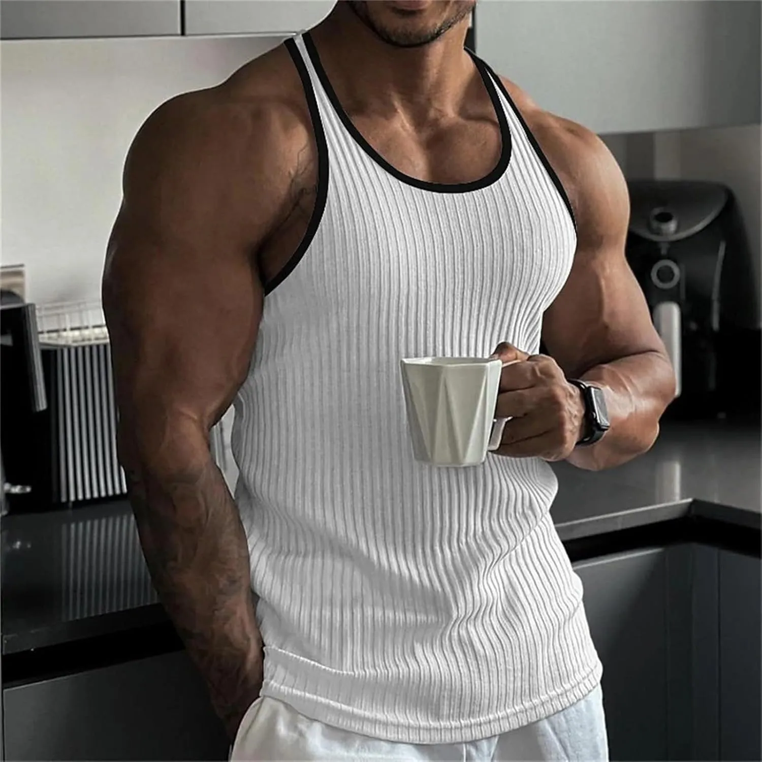 Mens Tank Top Slim Fit Vertical Striped Knitted Fitness Sleeveless Muscle Shirt Rib Knit Round Neck Undershirts