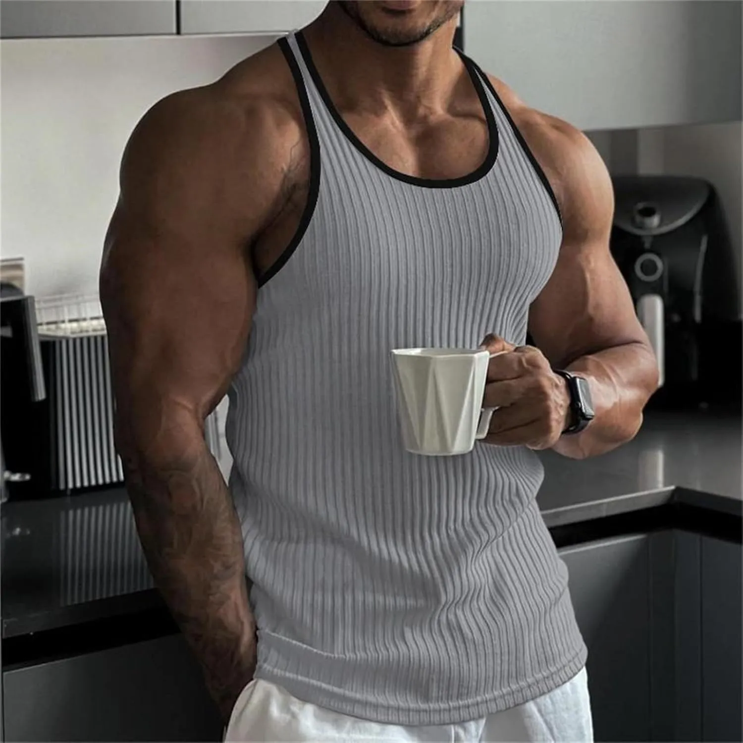 Mens Tank Top Slim Fit Vertical Striped Knitted Fitness Sleeveless Muscle Shirt Rib Knit Round Neck Undershirts