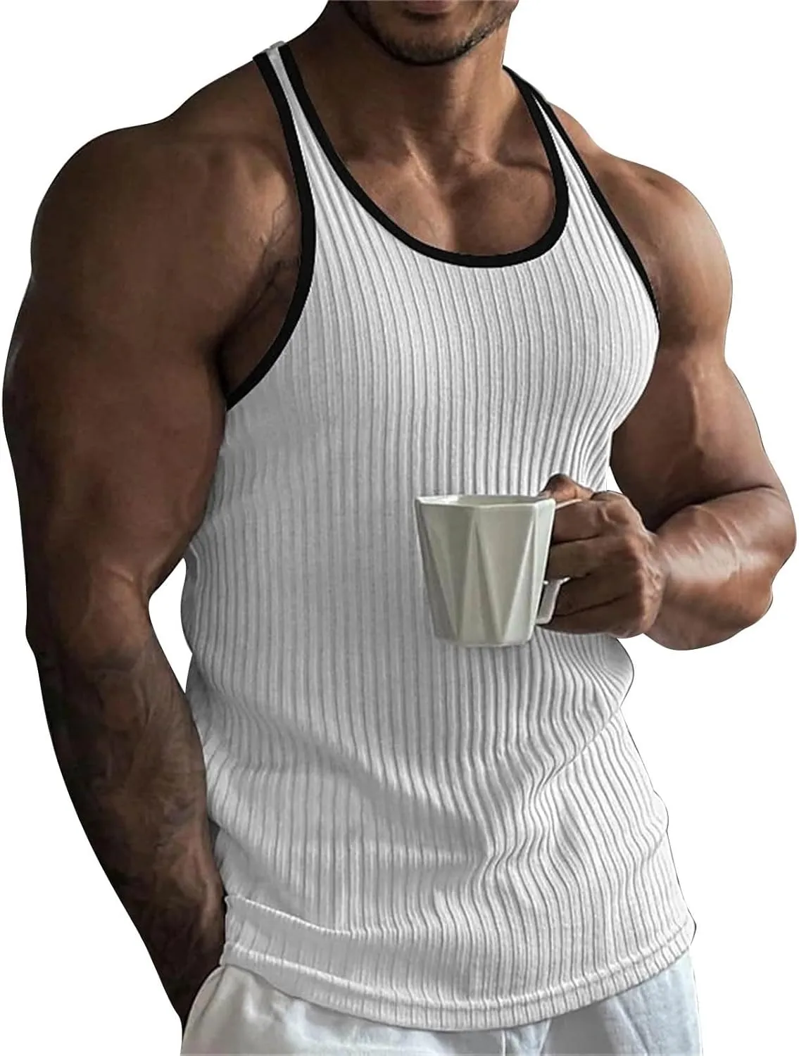 Mens Tank Top Slim Fit Vertical Striped Knitted Fitness Sleeveless Muscle Shirt Rib Knit Round Neck Undershirts