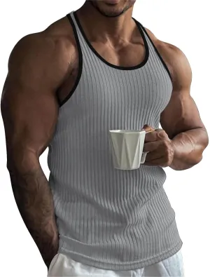 Mens Tank Top Slim Fit Vertical Striped Knitted Fitness Sleeveless Muscle Shirt Rib Knit Round Neck Undershirts