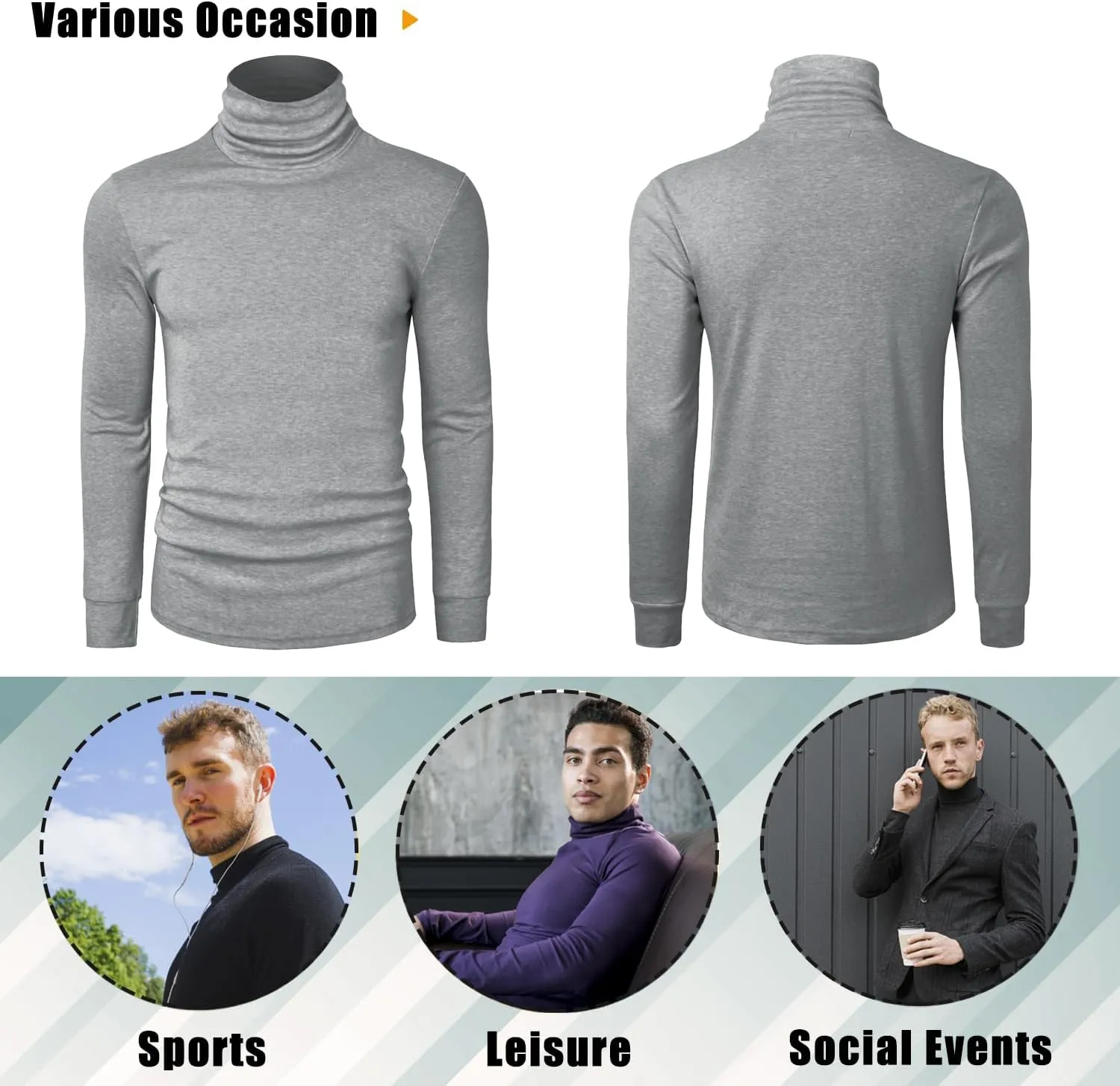 Mens Turtleneck Long Sleeve T Shirts Slim Fit Thermal Undershirt Lightweight Pullover
