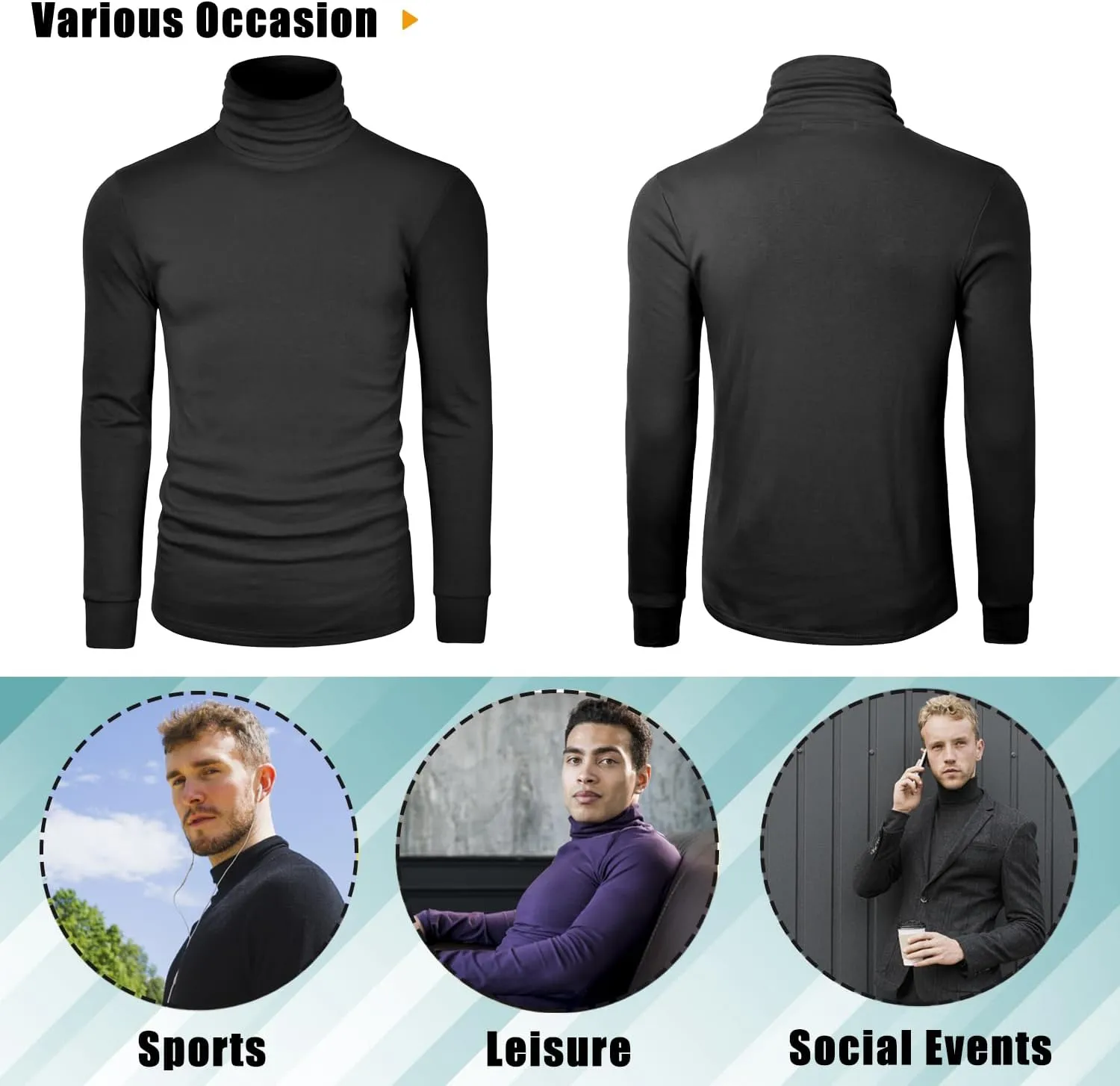 Mens Turtleneck Long Sleeve T Shirts Slim Fit Thermal Undershirt Lightweight Pullover