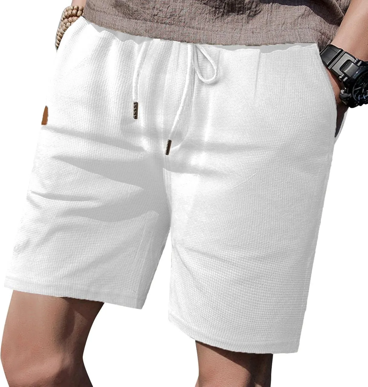 Men's Waist Drawstring Shorts Waffle Shorts Quick-Dry Casual 4-Way Stretch Gym Shorts with Pockets
