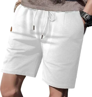 Men's Waist Drawstring Shorts Waffle Shorts Quick-Dry Casual 4-Way Stretch Gym Shorts with Pockets