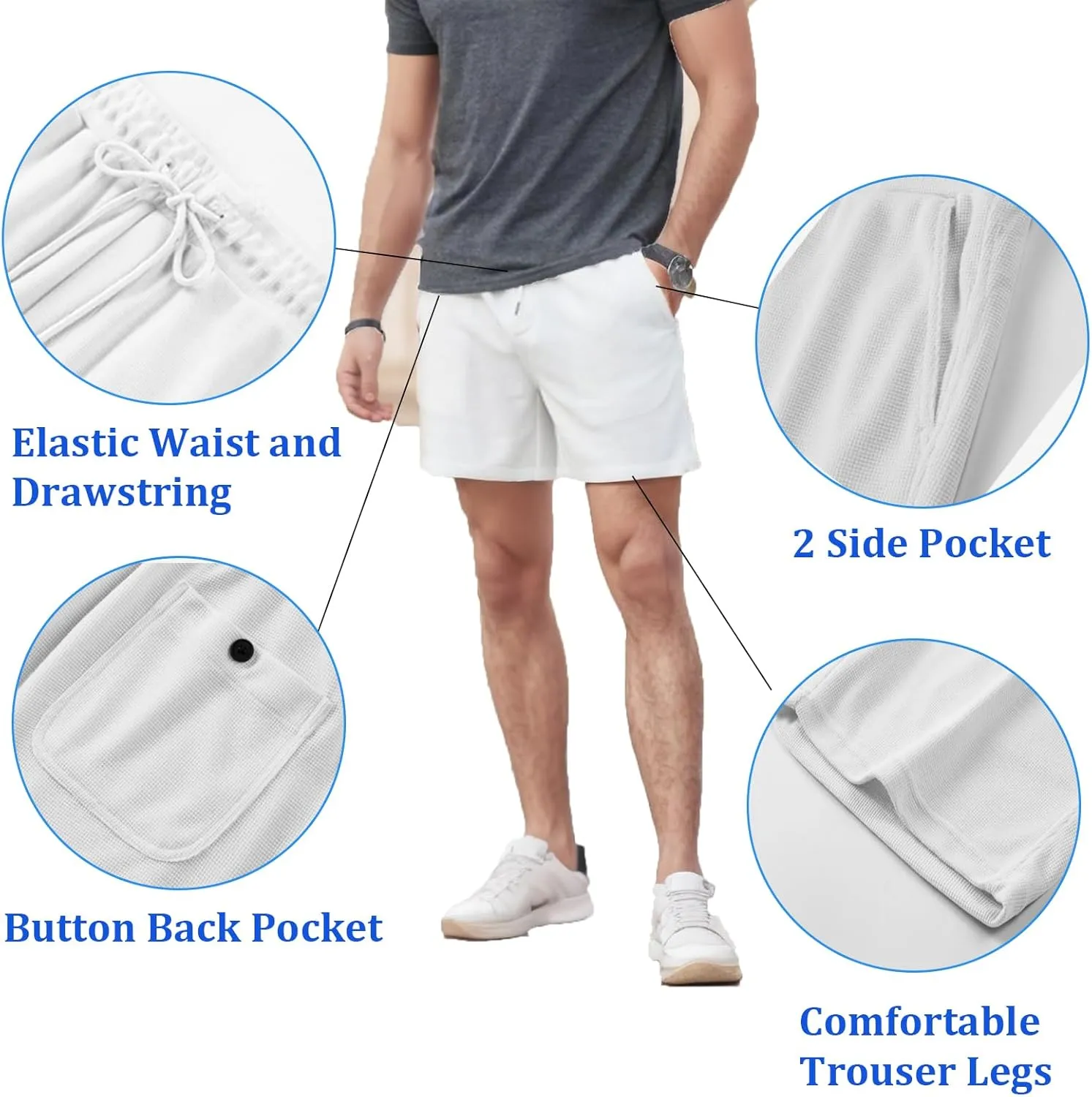 Men's Waist Drawstring Shorts Waffle Shorts Quick-Dry Casual 4-Way Stretch Gym Shorts with Pockets