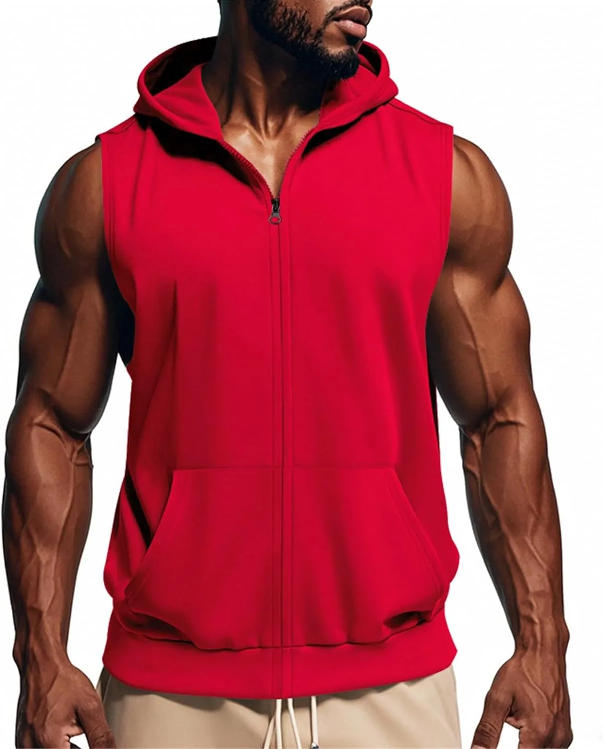 Men's Workout Hooded Tank Tops Full Zip Sleeveless Gym Shirts Regular Fit Bodybuilding Hoodies Muscle Cut Off T Shirt
