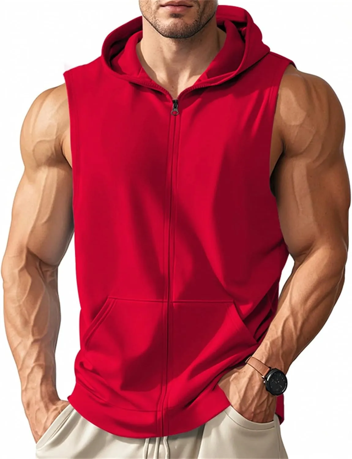 Men's Workout Hooded Tank Tops Full Zip Sleeveless Gym Shirts Regular Fit Bodybuilding Hoodies Muscle Cut Off T Shirt
