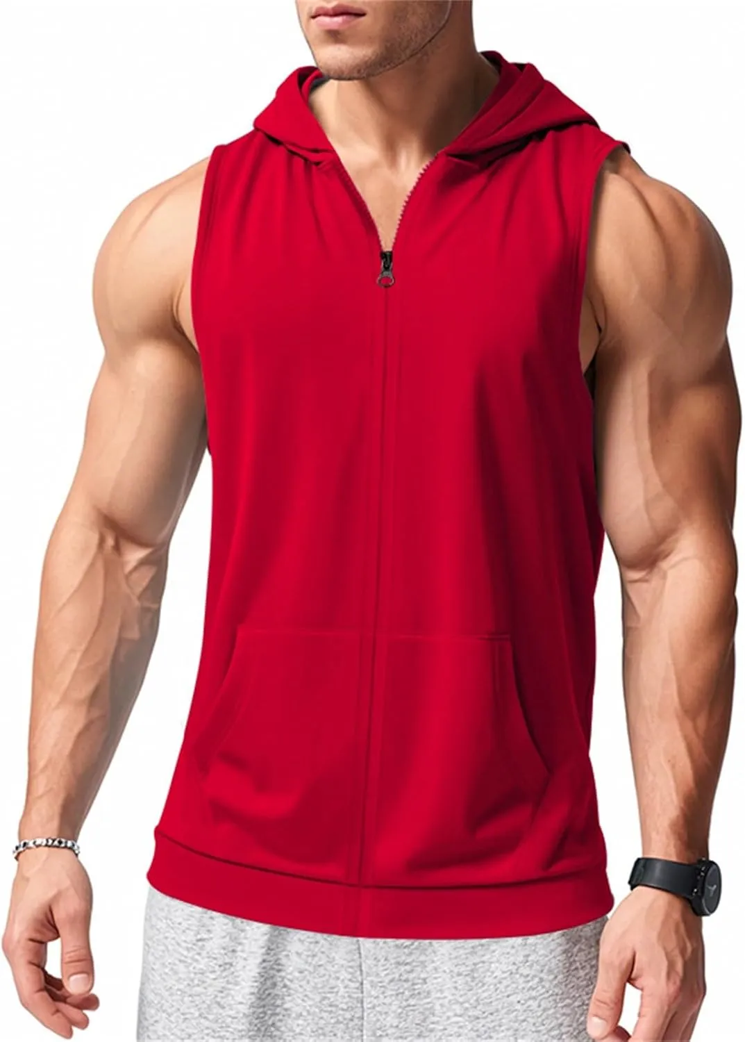 Men's Workout Hooded Tank Tops Full Zip Sleeveless Gym Shirts Regular Fit Bodybuilding Hoodies Muscle Cut Off T Shirt