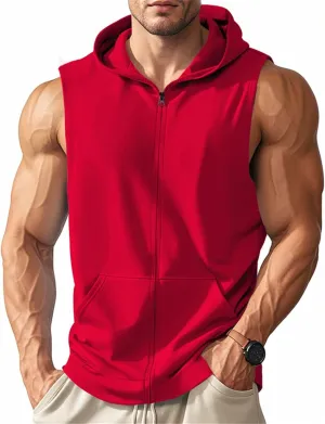 Men's Workout Hooded Tank Tops Full Zip Sleeveless Gym Shirts Regular Fit Bodybuilding Hoodies Muscle Cut Off T Shirt