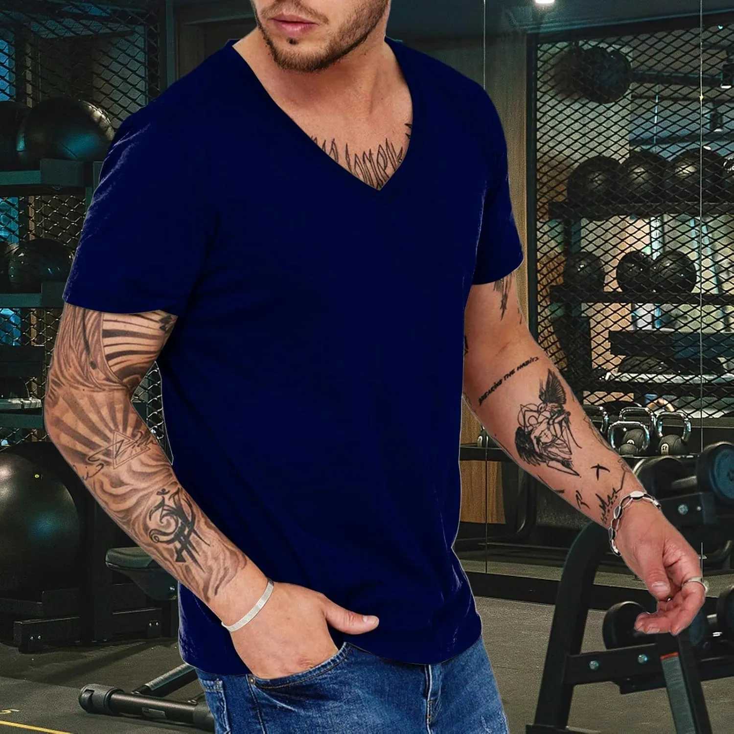Men's Workout V Neck T Shirt Short Sleeve Breathable Stretch Athletic Training Muscle Shirt Moisture Wicking Gym Active Wear