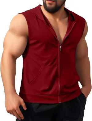Men's Zip Down Hooded Vest Solid Color Sleeveless Casual Sports Tank Top Kangaroo Pocket Gym Workout Running Quick Dry Shirt