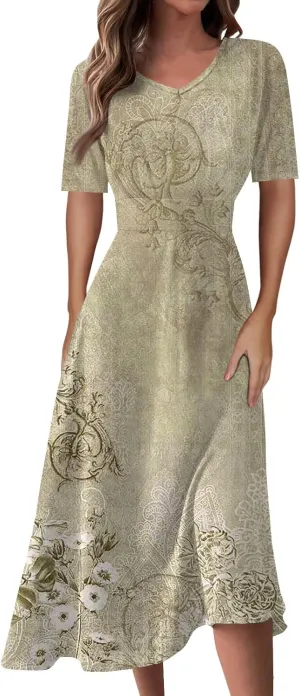 Midi Dresses for Women A-Line Waist V Neck Maxi Dresses Short Sleeve Swing Dress Printing Dressy Beach Dress