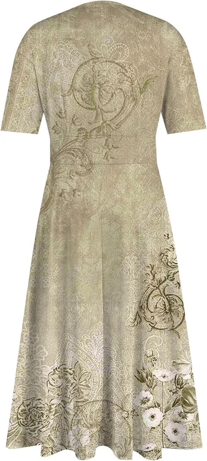 Midi Dresses for Women A-Line Waist V Neck Maxi Dresses Short Sleeve Swing Dress Printing Dressy Beach Dress