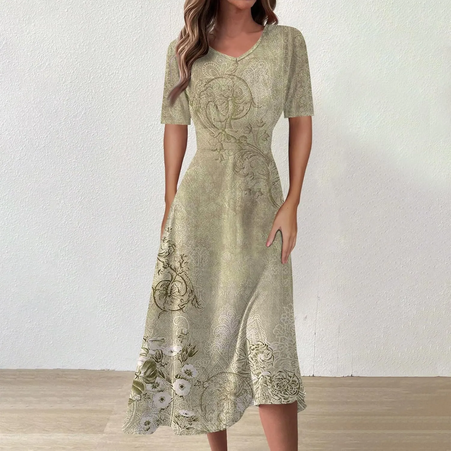 Midi Dresses for Women A-Line Waist V Neck Maxi Dresses Short Sleeve Swing Dress Printing Dressy Beach Dress
