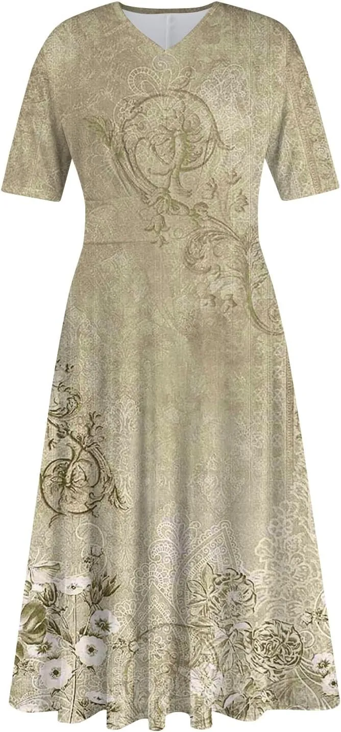 Midi Dresses for Women A-Line Waist V Neck Maxi Dresses Short Sleeve Swing Dress Printing Dressy Beach Dress