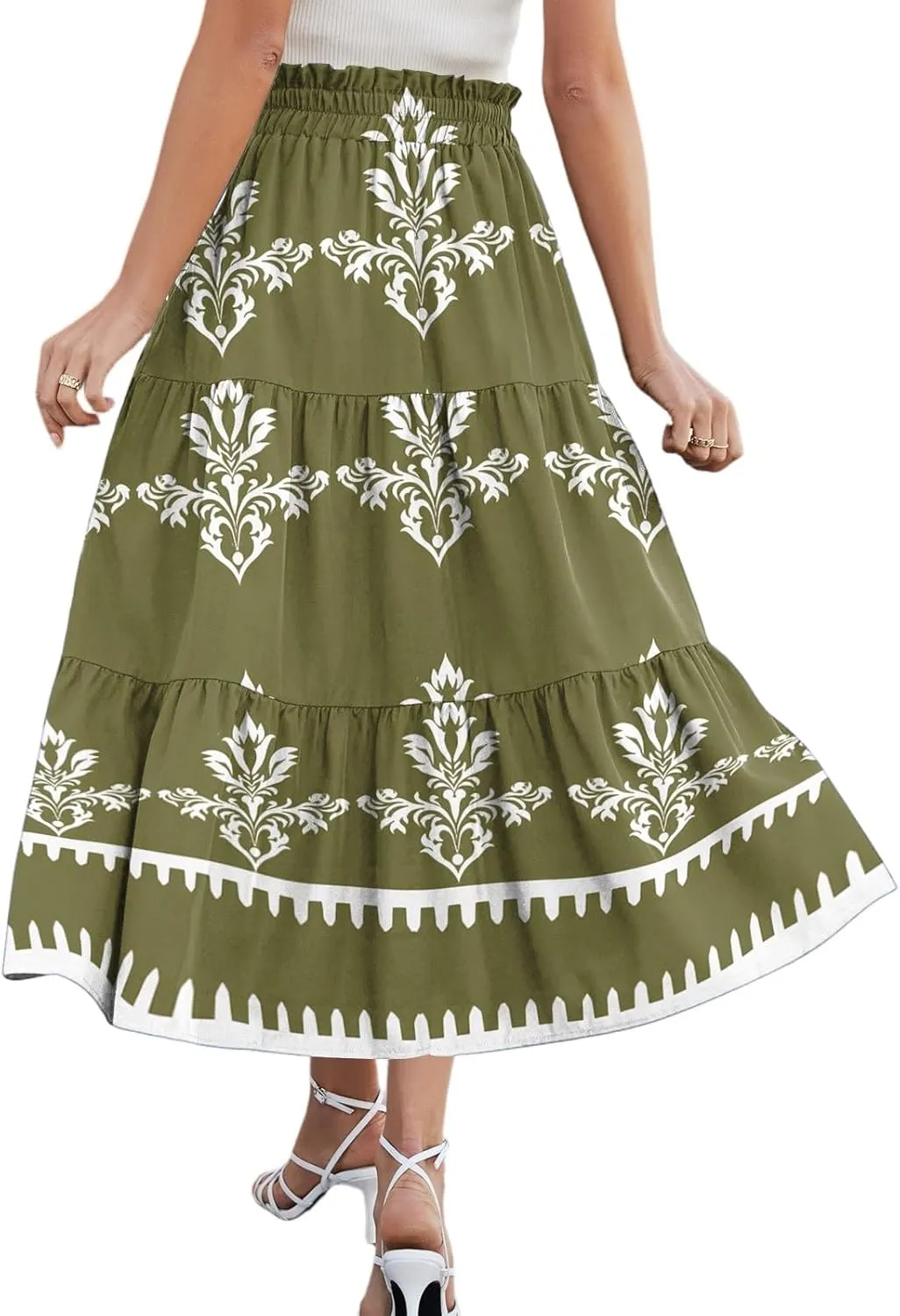 Midi Skirts for Women Boho Beach Flowy Floral Skirt Tiered Elastic High Waisted Skirts A Line Skirt with Pockets