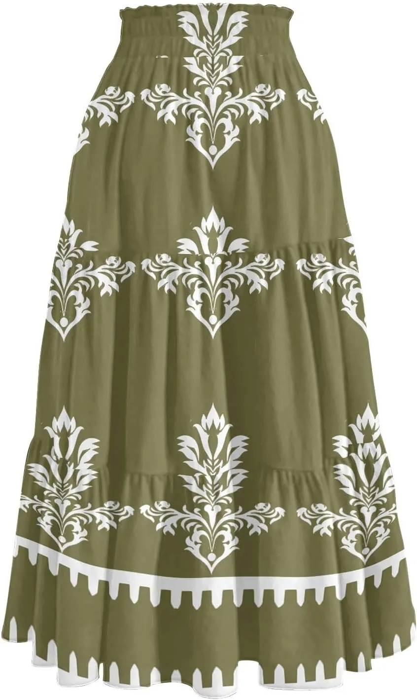 Midi Skirts for Women Boho Beach Flowy Floral Skirt Tiered Elastic High Waisted Skirts A Line Skirt with Pockets