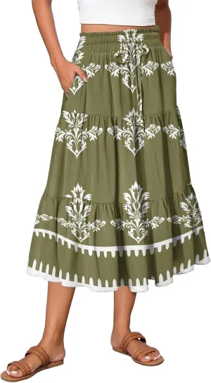 Midi Skirts for Women Boho Beach Flowy Floral Skirt Tiered Elastic High Waisted Skirts A Line Skirt with Pockets