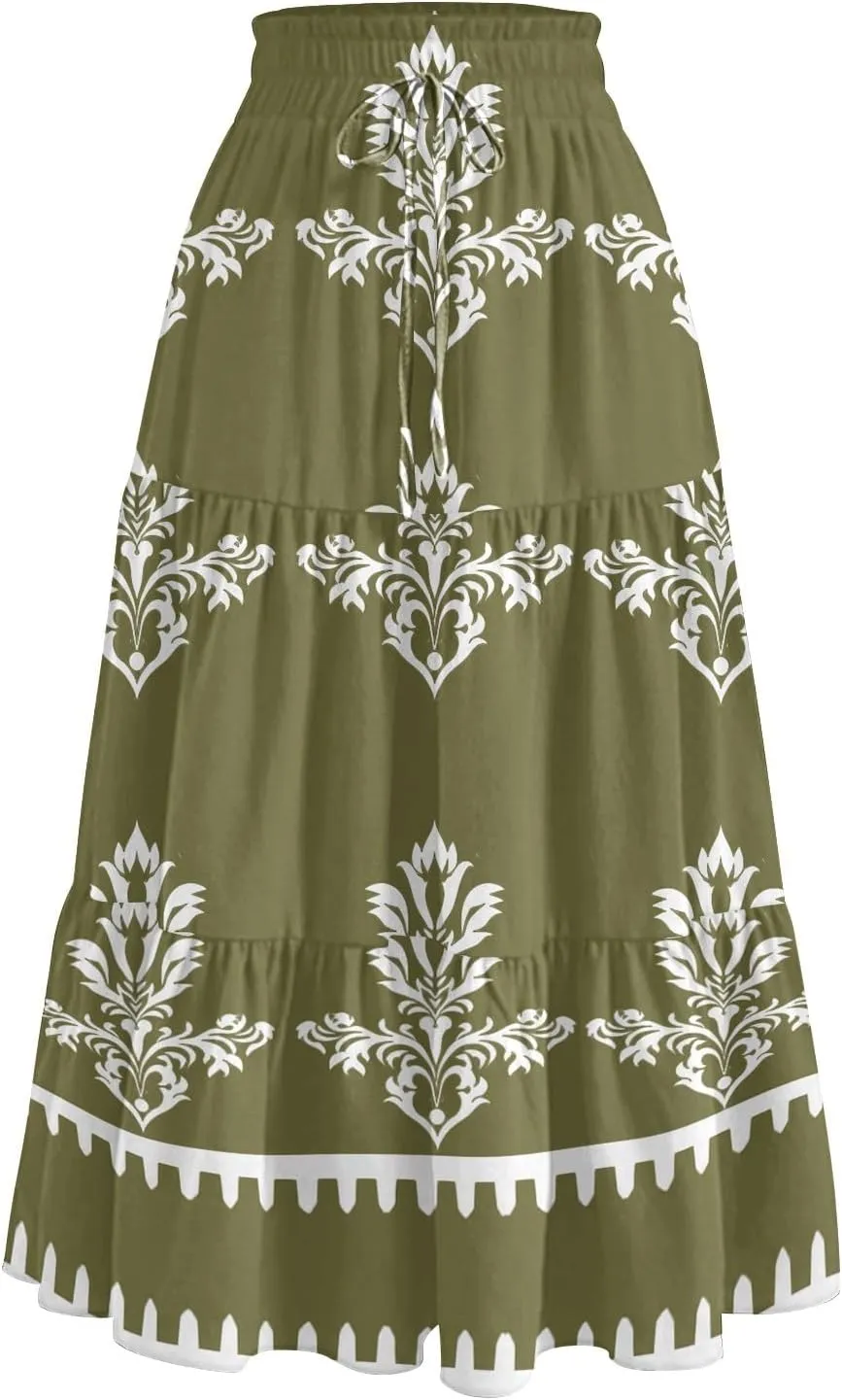 Midi Skirts for Women Boho Beach Flowy Floral Skirt Tiered Elastic High Waisted Skirts A Line Skirt with Pockets