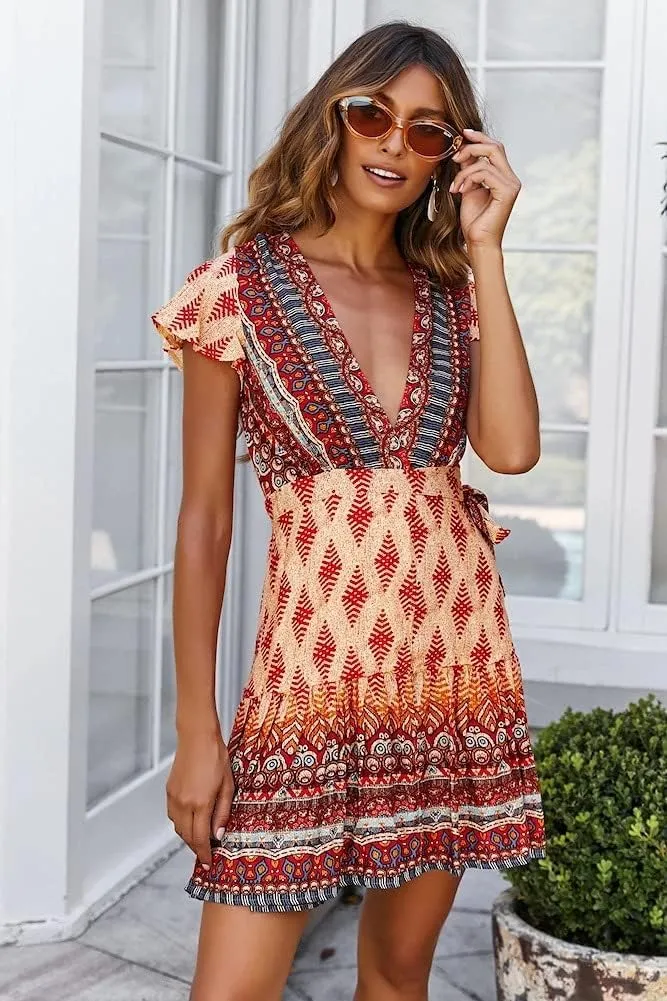 Mmoneyake Women Boho Mini Dress Short Sleeve Casual Dresses Floral Print Ruffle Dress V Neck Wrap Belted A Line Beach Dress
