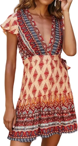 Mmoneyake Women Boho Mini Dress Short Sleeve Casual Dresses Floral Print Ruffle Dress V Neck Wrap Belted A Line Beach Dress