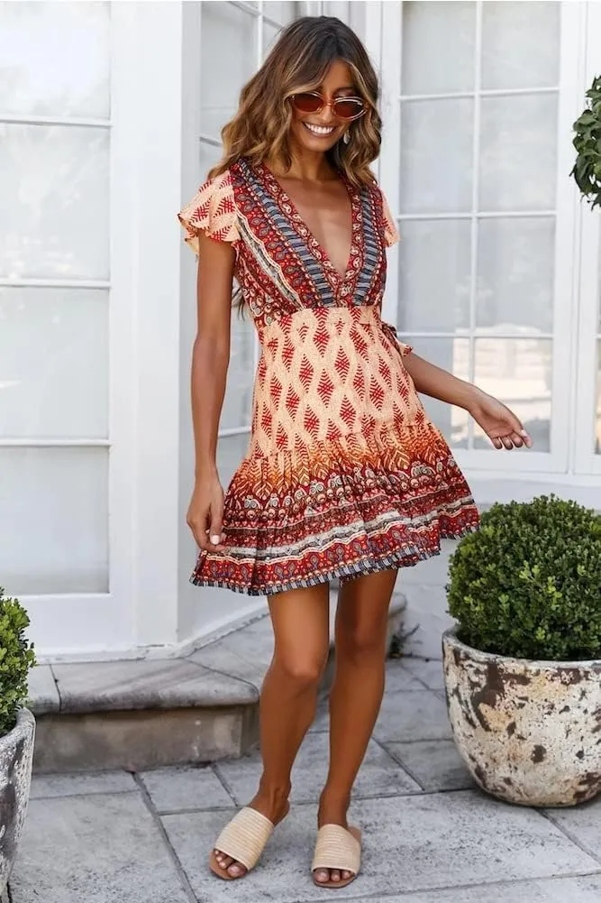 Mmoneyake Women Boho Mini Dress Short Sleeve Casual Dresses Floral Print Ruffle Dress V Neck Wrap Belted A Line Beach Dress