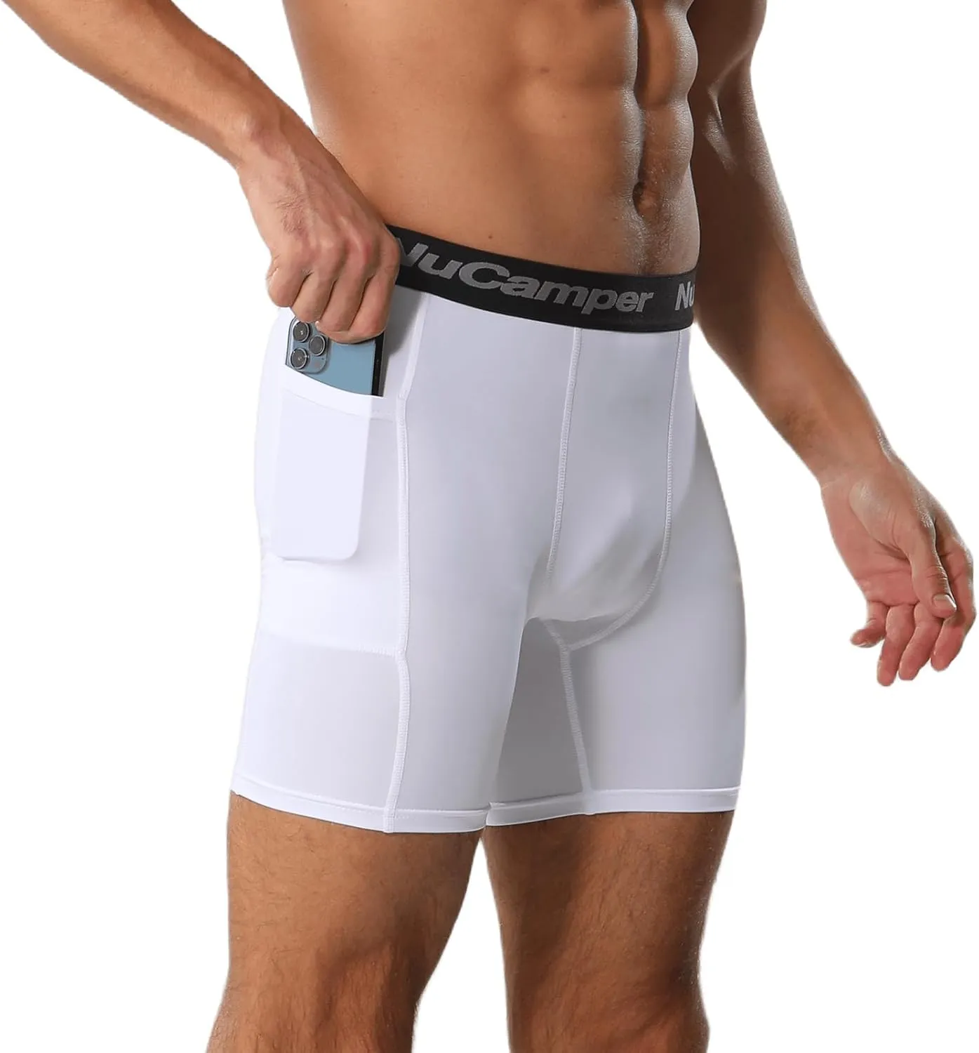 NuCamper Men’s Compression Shorts with Pocket Spandex Athletic Underwear Performance Gym Boxer Briefs Cool Dry Baselayer