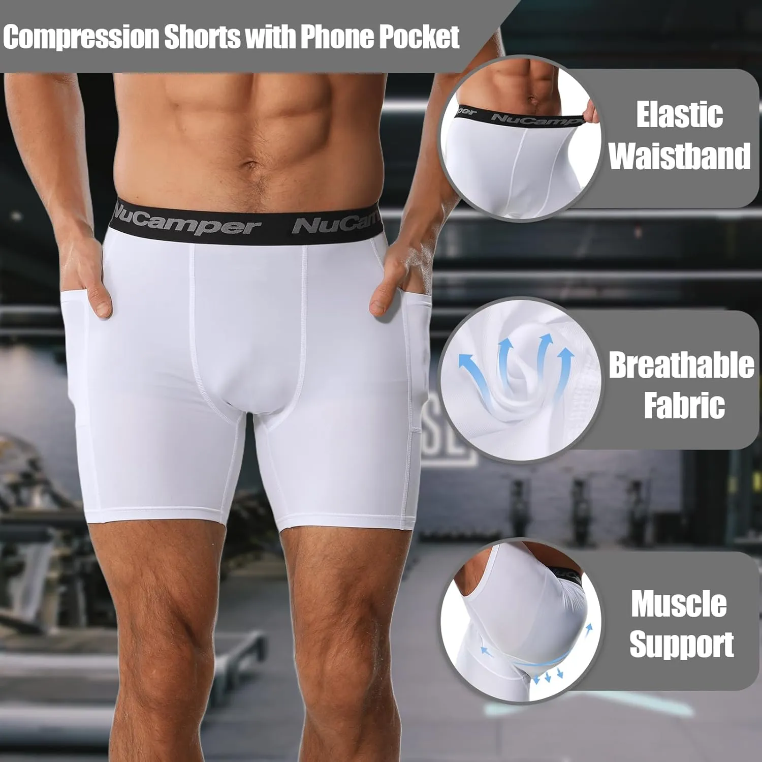 NuCamper Men’s Compression Shorts with Pocket Spandex Athletic Underwear Performance Gym Boxer Briefs Cool Dry Baselayer