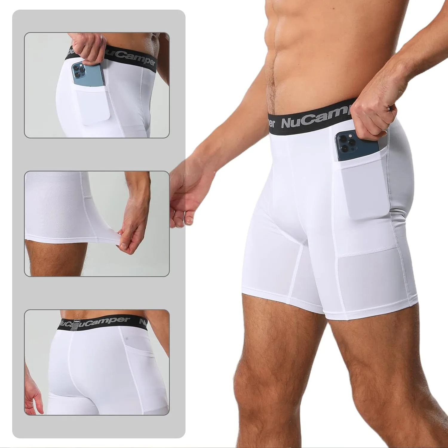 NuCamper Men’s Compression Shorts with Pocket Spandex Athletic Underwear Performance Gym Boxer Briefs Cool Dry Baselayer