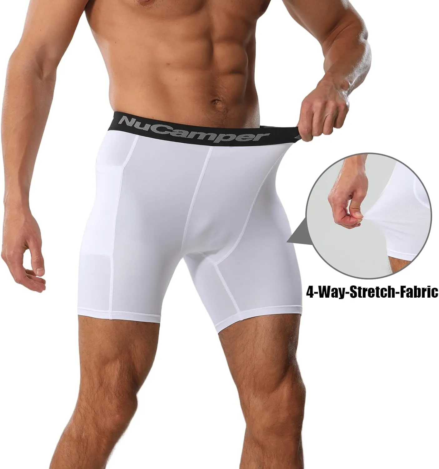 NuCamper Men’s Compression Shorts with Pocket Spandex Athletic Underwear Performance Gym Boxer Briefs Cool Dry Baselayer