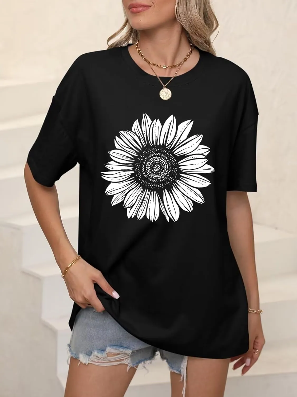 ORANDESIGNE Womens Oversized Graphic Print Short Sleeve Tunic Tops Crew Neck Casual Drop Shoulder T Shirts