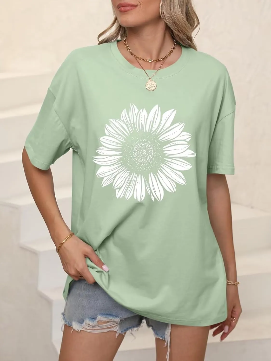 ORANDESIGNE Womens Oversized Graphic Print Short Sleeve Tunic Tops Crew Neck Casual Drop Shoulder T Shirts