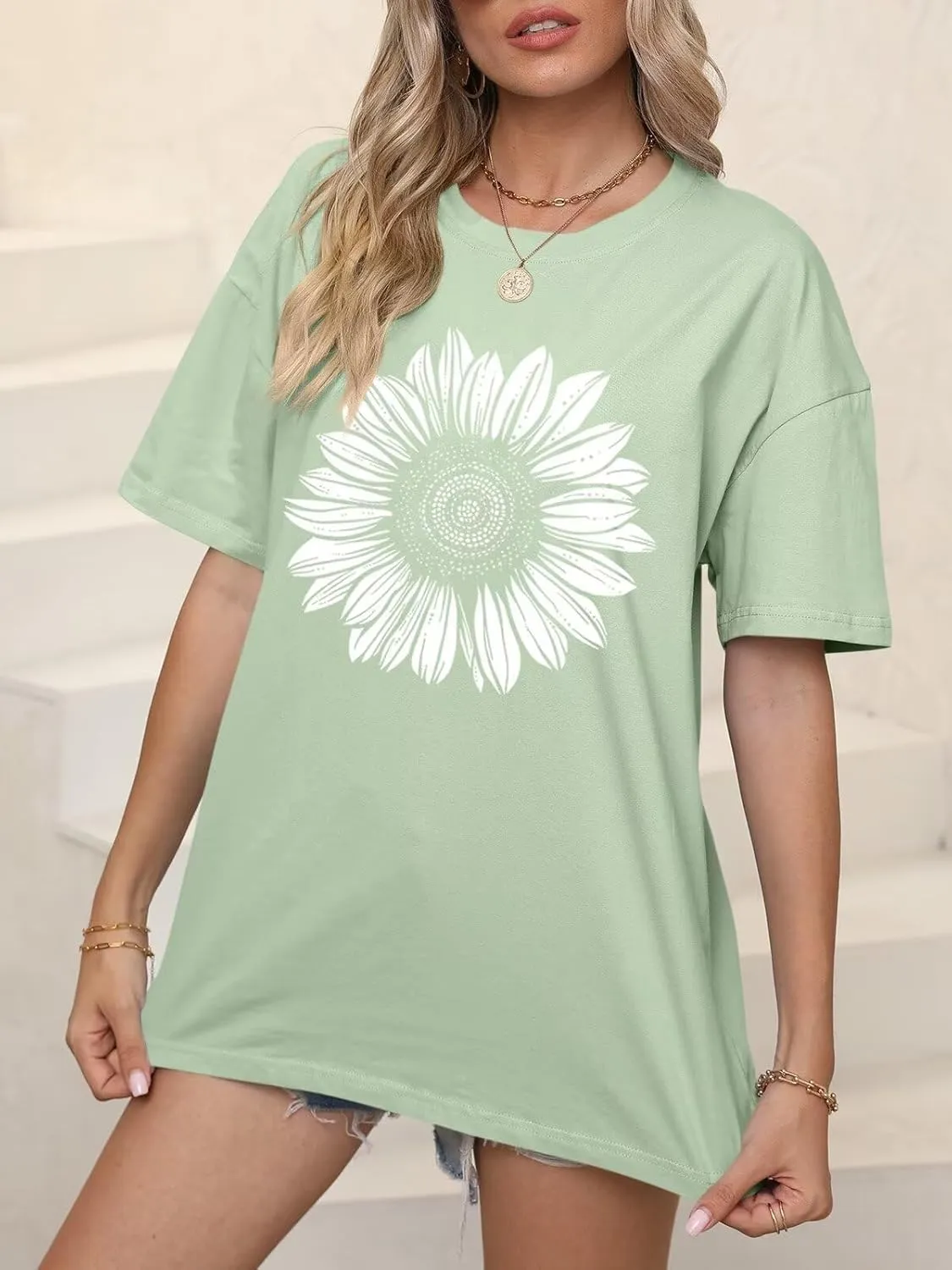ORANDESIGNE Womens Oversized Graphic Print Short Sleeve Tunic Tops Crew Neck Casual Drop Shoulder T Shirts