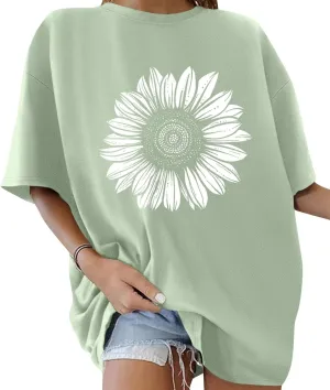 ORANDESIGNE Womens Oversized Graphic Print Short Sleeve Tunic Tops Crew Neck Casual Drop Shoulder T Shirts