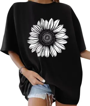 ORANDESIGNE Womens Oversized Graphic Print Short Sleeve Tunic Tops Crew Neck Casual Drop Shoulder T Shirts
