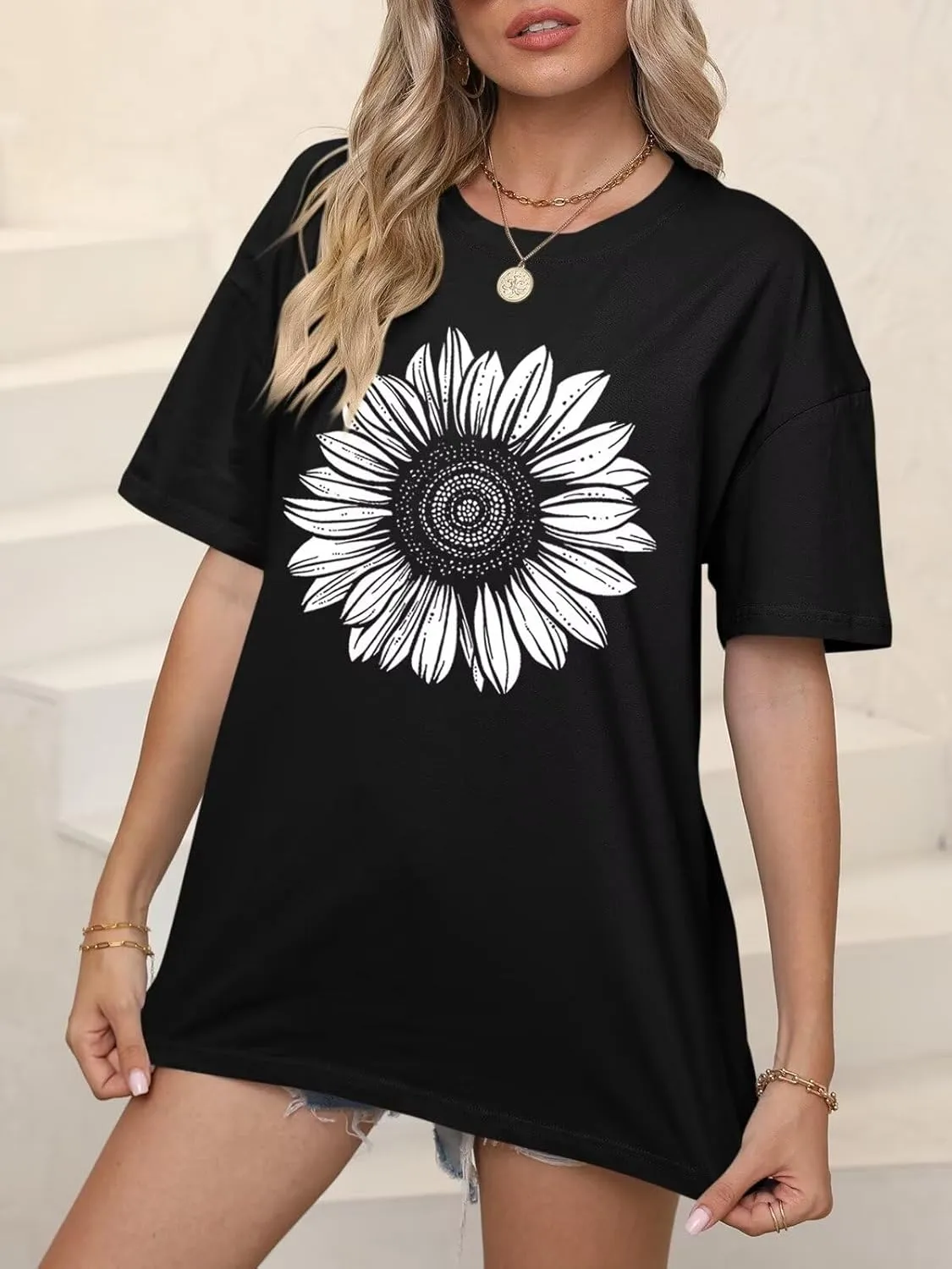 ORANDESIGNE Womens Oversized Graphic Print Short Sleeve Tunic Tops Crew Neck Casual Drop Shoulder T Shirts