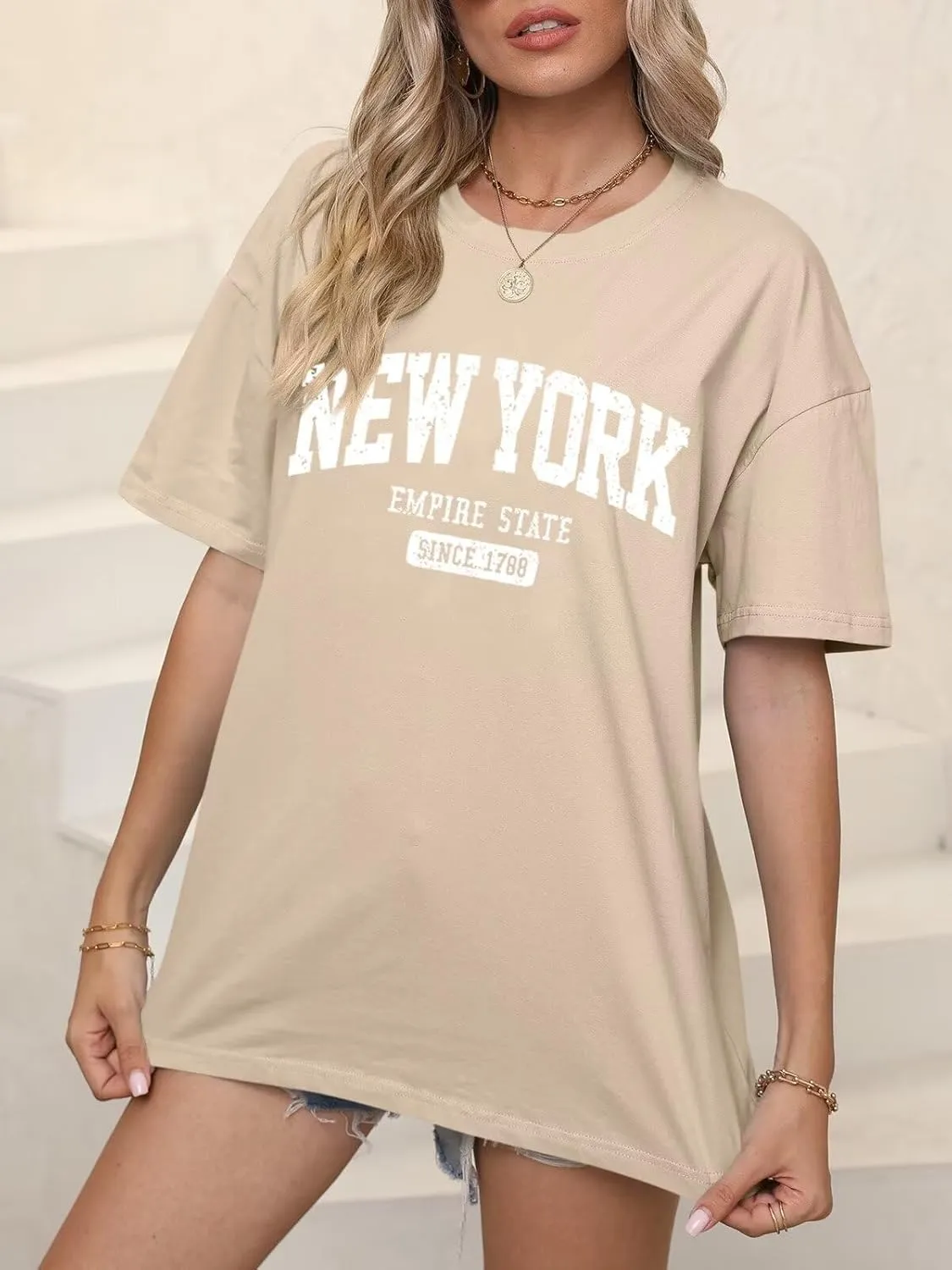 ORANDESIGNE Womens Oversized Graphic Print Short Sleeve Tunic Tops Crew Neck Casual Drop Shoulder T Shirts