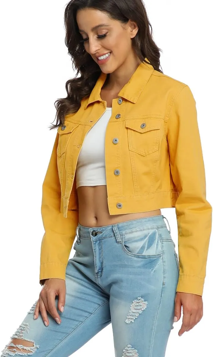 PEIQI Women’s Cropped Jean Denim Jacket Button Down Long Sleeve with Pockets