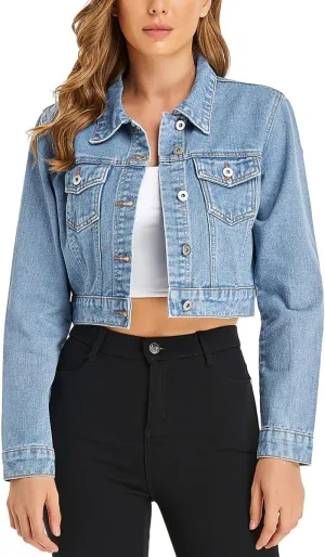 PEIQI Women’s Cropped Jean Denim Jacket Button Down Long Sleeve with Pockets
