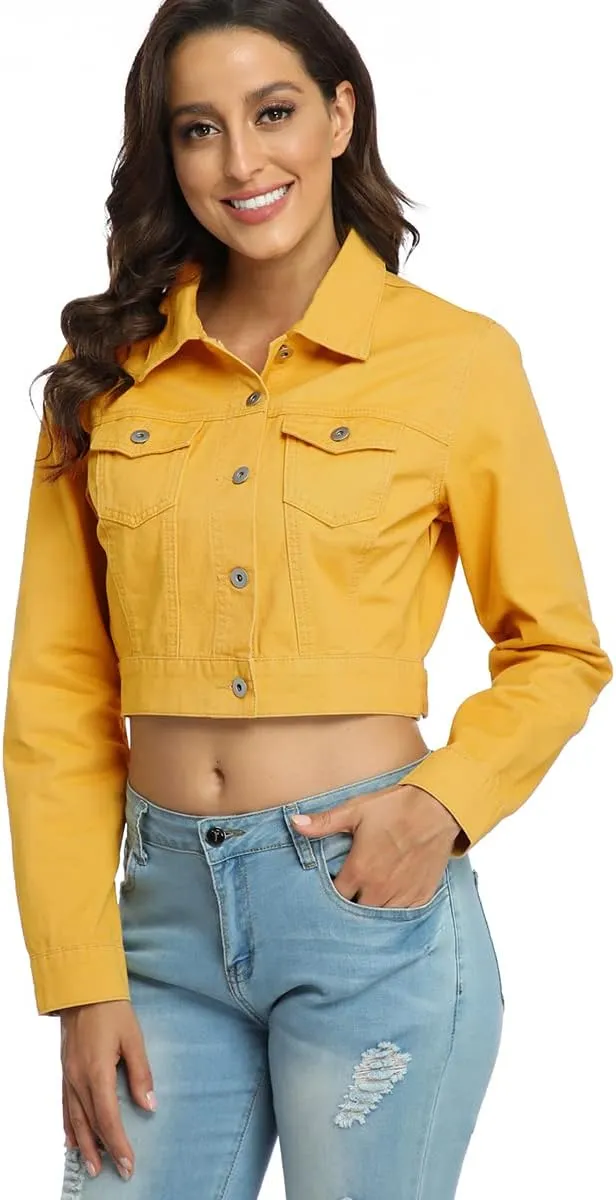 PEIQI Women’s Cropped Jean Denim Jacket Button Down Long Sleeve with Pockets