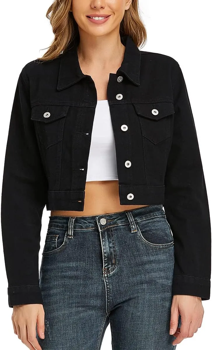PEIQI Women’s Cropped Jean Denim Jacket Button Down Long Sleeve with Pockets
