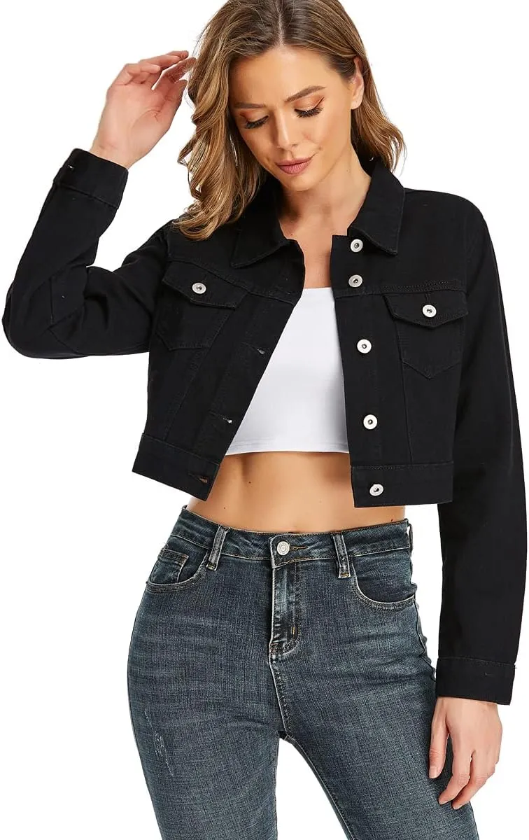 PEIQI Women’s Cropped Jean Denim Jacket Button Down Long Sleeve with Pockets