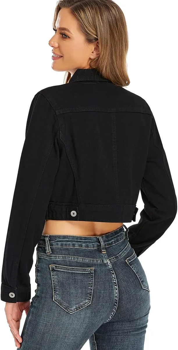 PEIQI Women’s Cropped Jean Denim Jacket Button Down Long Sleeve with Pockets