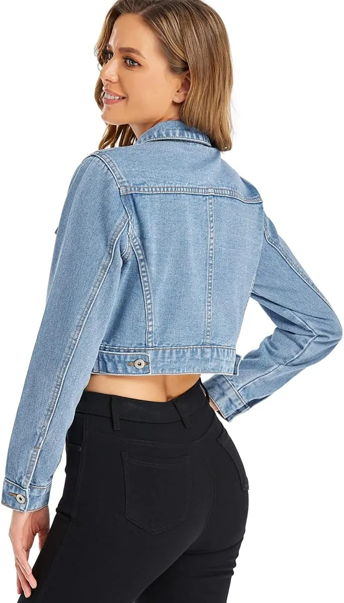 PEIQI Women’s Cropped Jean Denim Jacket Button Down Long Sleeve with Pockets
