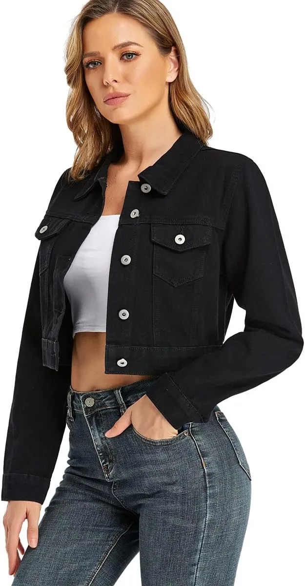 PEIQI Women’s Cropped Jean Denim Jacket Button Down Long Sleeve with Pockets