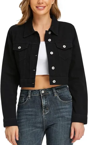 PEIQI Women’s Cropped Jean Denim Jacket Button Down Long Sleeve with Pockets