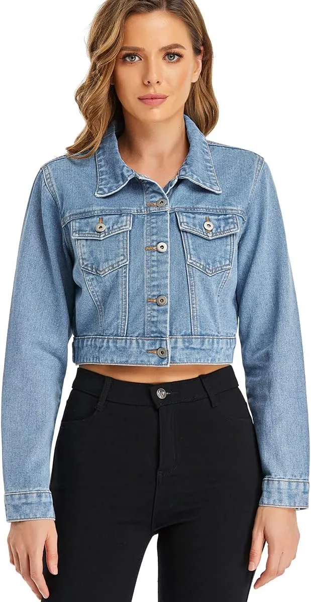 PEIQI Women’s Cropped Jean Denim Jacket Button Down Long Sleeve with Pockets
