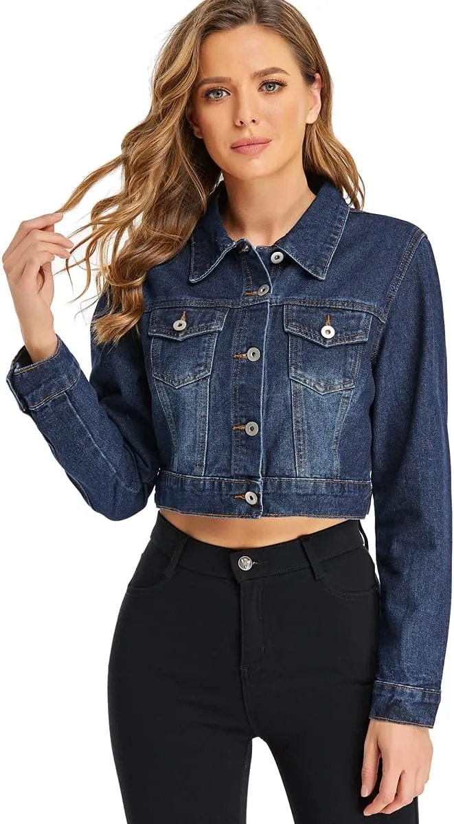 PEIQI Women’s Cropped Jean Denim Jacket Button Down Long Sleeve with Pockets