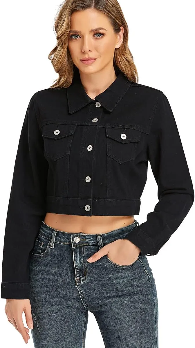 PEIQI Women’s Cropped Jean Denim Jacket Button Down Long Sleeve with Pockets