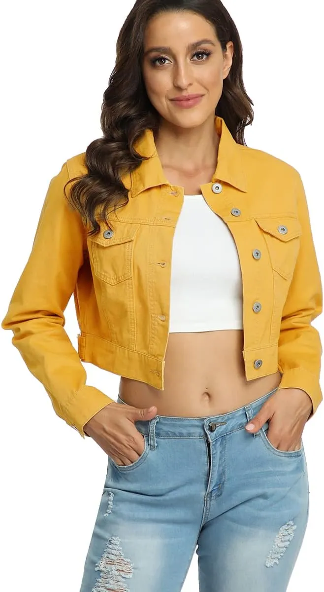 PEIQI Women’s Cropped Jean Denim Jacket Button Down Long Sleeve with Pockets